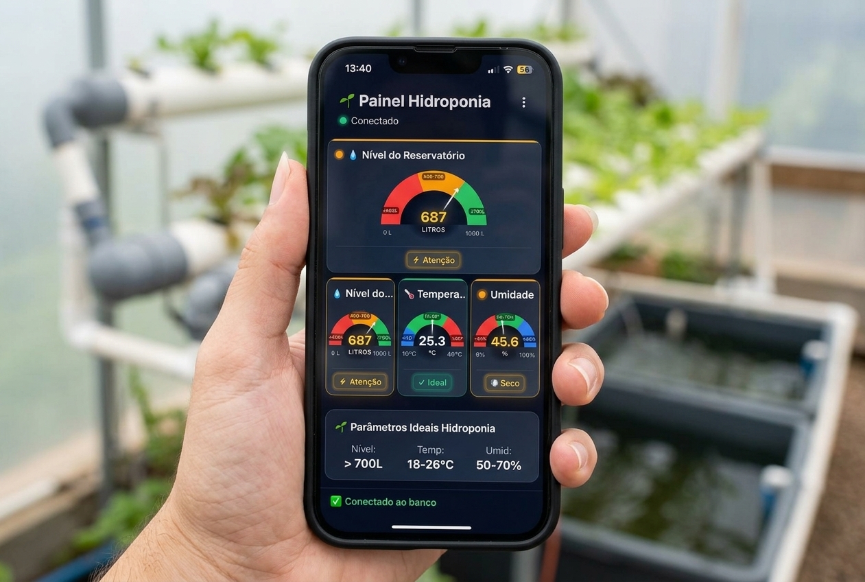 Produtor segurando o celular e acompanhando a temperatura e a umidade da estufa no aplicativo